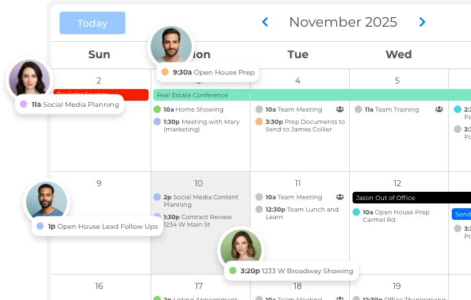 Time management calendar in Wise Agent CRM for prioritizing tasks and managing real estate teams