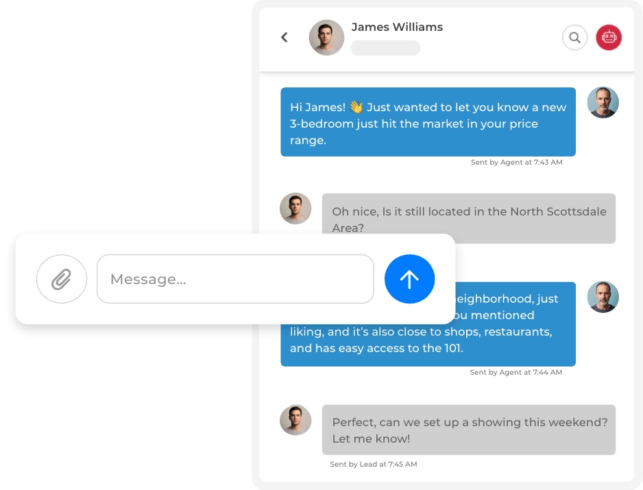 Mobile CRM interface with built-in texting for client communication