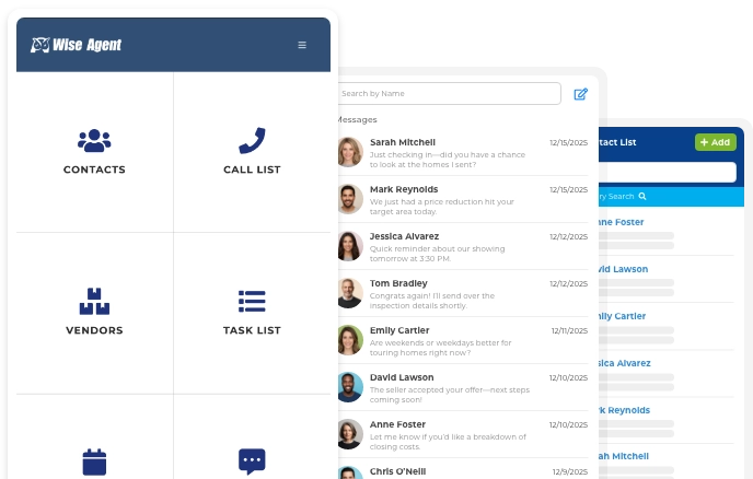Wise Agent CRM mobile web app interface showing contacts, tasks, and deals